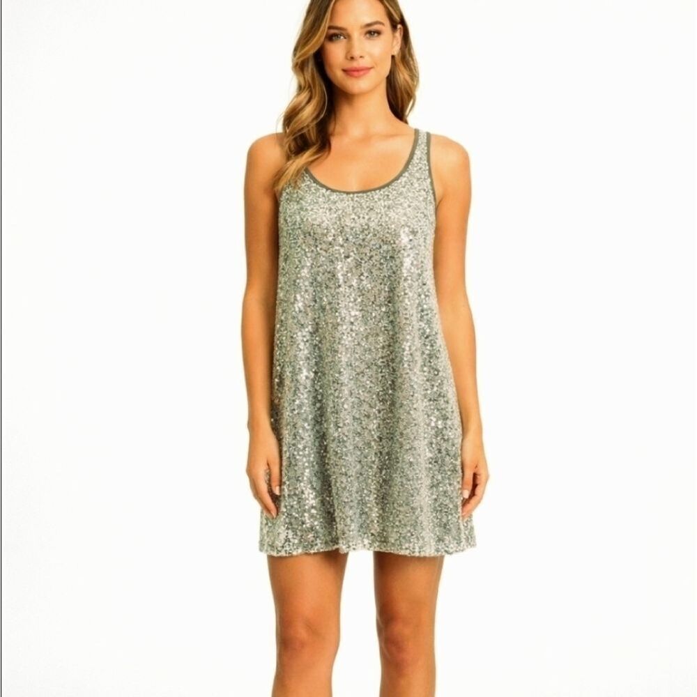 Ya Los Angeles Tan Silk Sequin Mini Dress Size Small